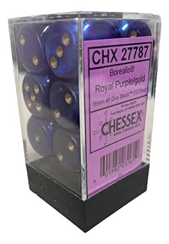 Chessex Borealis 16mm d6 Royal Purple/Gold Luminary Dice Block (12 dice)