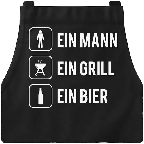 MoonWorks® Grill-Schürze für Männer mit Spruch Ein Mann ein Grill ein Bier Baumwoll-Schürze Grillen Barbecue BBQ Fleisch Sommer Schwarz unisize