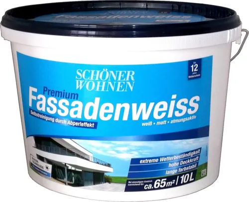 SCHÖNER WOHNEN FARBE Premium Fassadenweiss 10 l - Lacke für Fassaden, strapazierfähig und wasserdampfdurchlässig, ideal für wetterbeständige Außenanstriche.