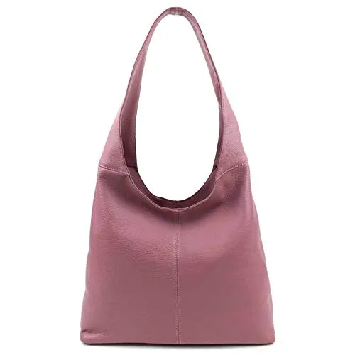 Made in Italy Damen Leder Tasche Shopper Schultertasche Umhängetasche Handtasche Beuteltasche Hobo Bag Ledertasche Nappaleder Rose