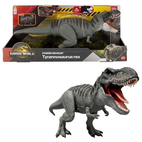 Mattel Jurassic World Power-Fresser Tyrannosaurus Rex - Dinosaurierfigur mit zungenaktivierter Beiß-Attacke, beeindruckenden Lichteffekten und digitalem Spielspaß für Kinder ab 4 Jahren. Perfekt für kleine Dino-Fans!