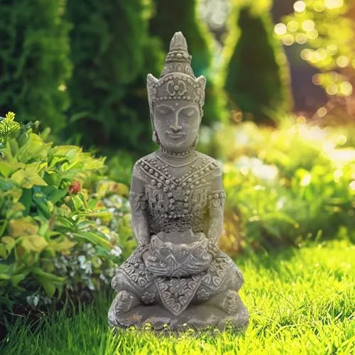 K&L Wall Art Buddha Figur Steinoptik Sitzende Buddhastatue Feng Shui Deko Fensterbank Dekofigur Tempelwächter 15x11x25 cm