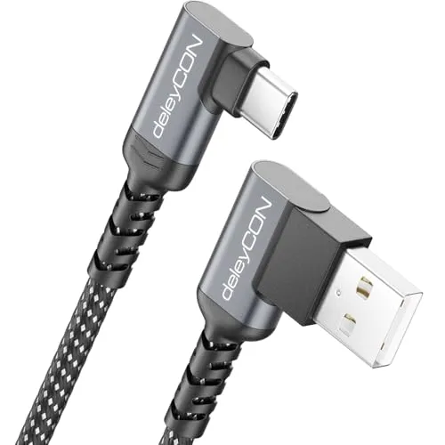 deleyCON 1,5m USB C Kabel 2x Winkel 90 Grad USB-A auf USB-C Ladekabel Datenkabel Gewinkelt für iPhone 17 16 15 Pro Max Air Galaxy A16 A56 S25 S24 S23 Pixel AirPods Notebook PS5