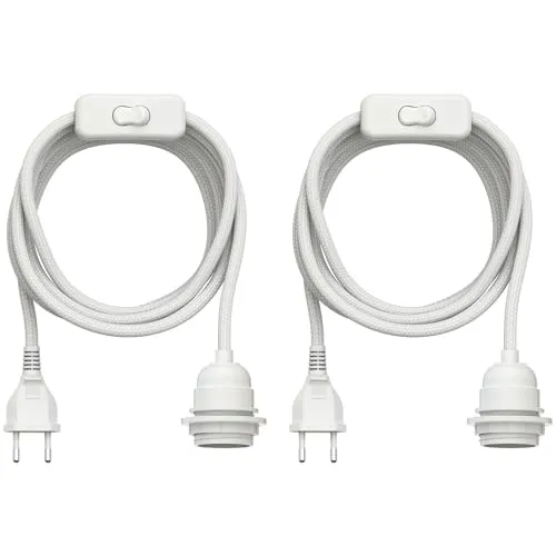ledscom.de 2 Stück Textilkabel LEKA, Stecker, Schalter, weiß, 3 m, Lampen-Fassung, 1x E27 max. 60W