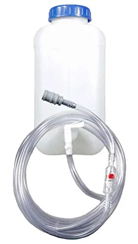 Fallwasserbehälter 10l mit Auslaufhahn - Caravan-Zubehör für effiziente Wasserbefüllung von Staplerbatterien, inklusive Fließanzeiger, Filter und 4m Schlauch für einfache Handhabung.