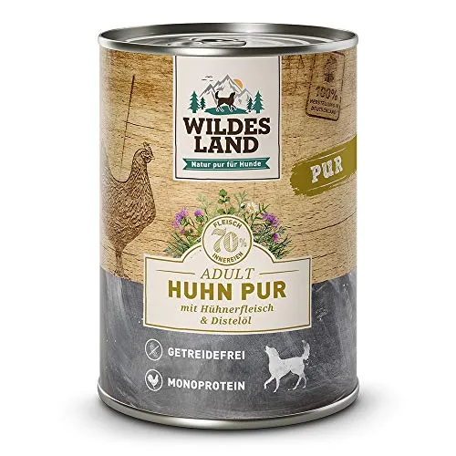 WILDES LAND – Huhn | Nassfutter mit extra hohem Fleischanteil und natürlichen Zutaten für ausgewachsene Hunde. Getreidefreies Alleinfutter ohne Zusatzstoffe in der Dose | 12x400g Huhn