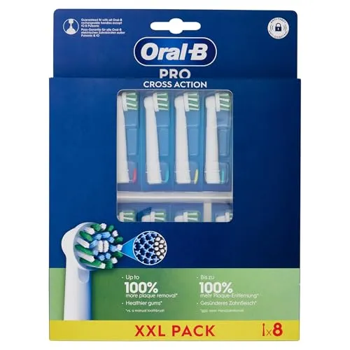 Oral-B Ersatzköpfe Pro Cross Action, 8 Köpfe - Ersatzbürsten für elektrische Zahnbürsten, 8er Pack, mit einzigartiger Cross Action-Borstenanordnung für gründliche Plaque-Entfernung und verbesserte Zahnfleischgesundheit.