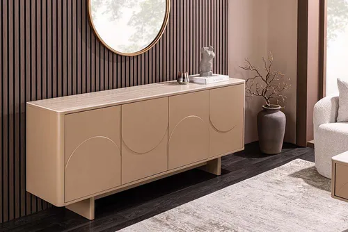 Riess Ambiente Design Sideboard Savoy 180cm in Greige - Elegantes TV-Board mit Travertin Keramikplatte, geometrischem Design und praktischer Push-to-open Funktion. Geräumig mit Schublade und fünf Fächern für optimalen Stauraum. Ein stilvoller Hingucker für Dein Wohnzimmer!