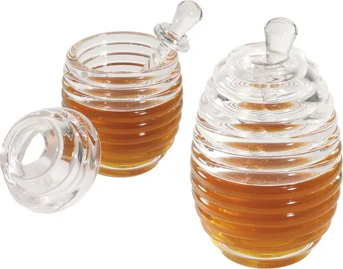 Produktbild Honigtopf, mit Dosierstab und Deckel, aus Acryl in Bienenstockoptik, 200 ml