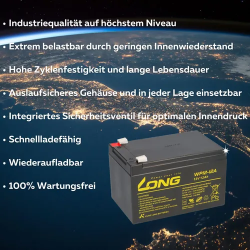 LONG Bleiakku WP12-12 12V 12Ah mit Ladegerät 1A - E-Scooter Bleiakku mit VdS Zulassung, wartungsfrei und tiefenladesicher für eine Lebensdauer von 3-5 Jahren. Ideal für Notbeleuchtung und Alarmtechnik.