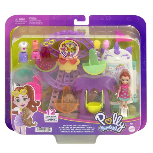 Polly Pocket Tropische Kirmes HWP25 - Spielfiguren: Erlebe fruchtigen Spaß im tropischen Vergnügungspark mit der 7,5 cm großen Polly Puppe, einem Hund und 10 Zubehörteilen – perfekt für Kinder ab 4 Jahren!