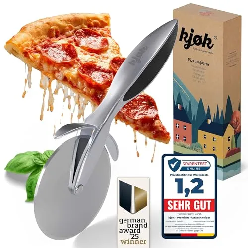 kjøk Premium Pizzaschneider mit Ø 68 mm Edelstahl-Rad und Zinklegierungs-Griff – schneidet Pizza, Flammkuchen, Teig, Kuchen & Wraps ohne Belag-Verschieben – Gastro-Qualität, kompakt für die Schublade