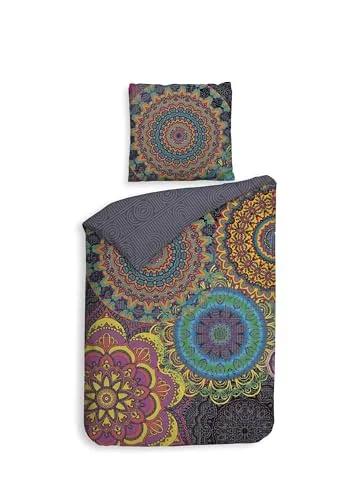 Zo!Home Bettwäsche »Renforcé« 100% Baumwolle | Reißverschluss | 135x200 & 80x80 | Woodstock | Bunte Mandalas | grau
