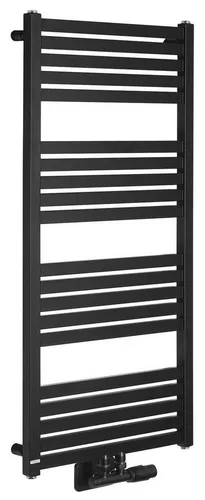 Bruckner GRUNT Badheizkörper 500x1050mm, Mittelanschluss, Schwarz matt - Eleganter Badheizkörper in Schwarz matt, kombinierbar mit Zentral- und Elektroheizung. Hohe Leistung von 465 W für effiziente Wärmeverteilung. Ideal für stilvolle Badezimmergestaltung.