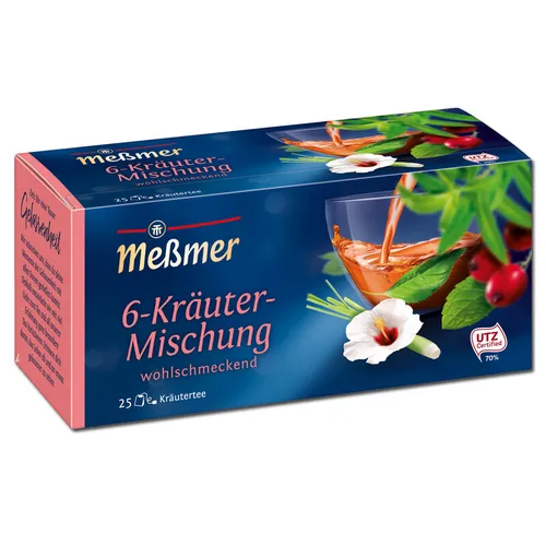 Meßmer Tee 6-Kräuter - 25 Teebeutel - Kräutertee mit einer harmonischen Mischung aus Hagebutte, Pfefferminze und mehr, ideal für entspannende Momente.