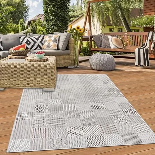 Teppich-Traum Teppich Outdoor Garten Terrasse Wintergarten Balkon strapazierfähig UV-beständig wetterfest robust in Creme grau, 200 x 290 cm