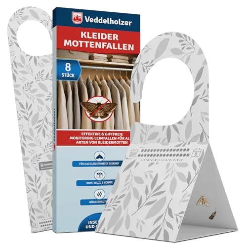 Veddelholzer 8X Kleidermotten Falle Mottenfalle gegen Kleidermotten im Kleiderschrank Dreiecksfalle mit Haken & Klebefläche Geruchslos & Giftfrei Effektiver Motten Schutz für Textilien & Kleidung