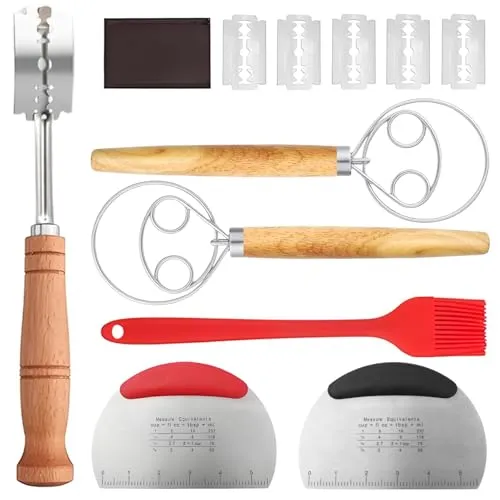 RTSHUK 6 Stück Sauerteig Zubehör Bäckermesser Set, Inkl. Brot Einschneidemesser mit 5 Bäckerklinge 2 Stk Dänischer Schneebesen 2 Stk Teigschaber Backpinsel Brot Backen Zubehör für Gärkörbchen