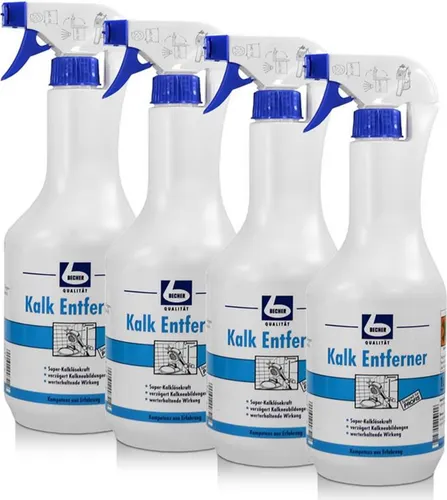 4x Dr. Becher Kalk Entferner Sprühflasche 1 Liter - Spezialputzmittel für effektive Kalkentfernung, ideal für glatte Oberflächen und schwer zugängliche Stellen.