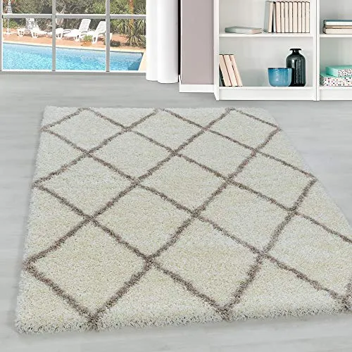 Hochflor Wohnzimmer Teppich Modern Deko Geometrisch Design Flauschiger & Weicher Langflor Shaggy Rechteckig Teppich Schlafzimmer Farbe: Creme, Grösse: 140 x 200 cm