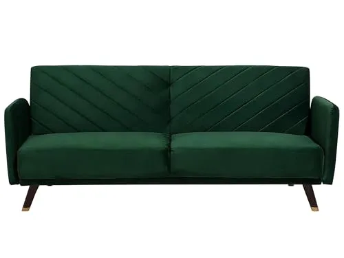 Beliani Senja Klappsofa mit Armlehnen - Praktisches Sofa in grünem Samtstoff, leicht in ein Gästebett verwandelbar und ideal für stilvolle Wohnräume.