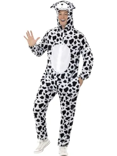 Dalmatiner Kostüm für Erwachsene - Jumpsuit mit Kapuze, Größe L - Kostüm-Outfits für Erwachsene, ideal für Karneval und Halloween. Weicher Jumpsuit mit Kapuze für angenehmen Tragekomfort und einfaches An- und Ausziehen.