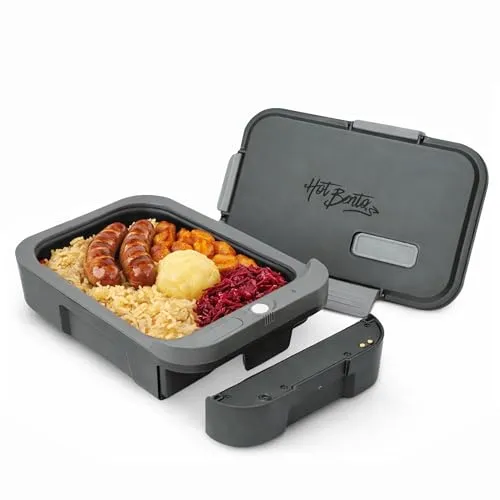 Hot Bento Plus – Elektrische Lunchbox mit Akku, Selbstheizend, Kabellos, Speisenwärmer, Aufladbare Elektrisch Beheizbare Lunchbox – Schwarz