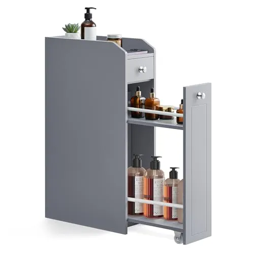 VASAGLE Badezimmerschrank klein, Badschrank schmal, Kleiner Schrank für Toilettenpapier, Toilettenschrank mit Schubladen, Aufbewahrungsschrank stehend, für kleine Räume, Taubengrau BBC847G02