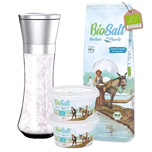 BioSalt Nortem Pearls Bio-Natives Meersalz 2x200 g Kübel Fein + 650 g Beutel Extra Grob + Mühle. 100% Natürliches. Reich an Mineralien. Gesundes Kochen. Unraffiniert, ohne Konservierungsstoffe.