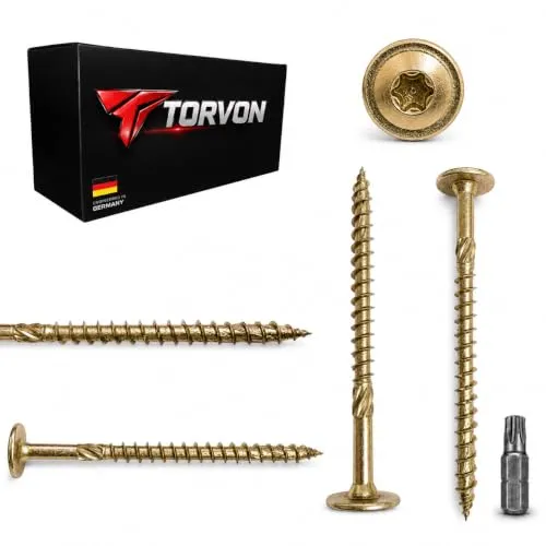 TORVON Premium Tellerkopfschrauben 8x80 mm TX40 Holzbauschrauben gelb verzinkt Vollgewinde ETA für KVH BSH CLT Massivholz Dachstuhl Carport Pergola 50 Stück inkl. Bit