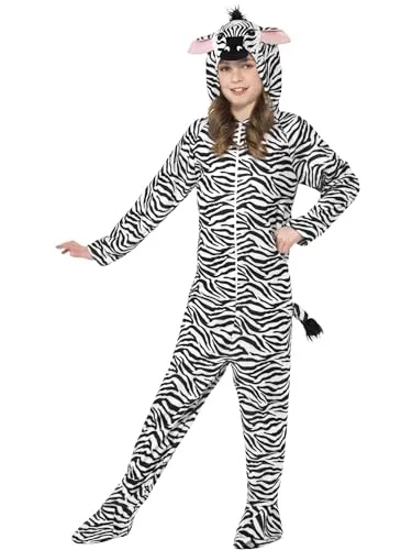 Smiffys Kinder Unisex Zebra Kostüm, All-in-One mit Kapuze, Größe: L, 27990, Black & White