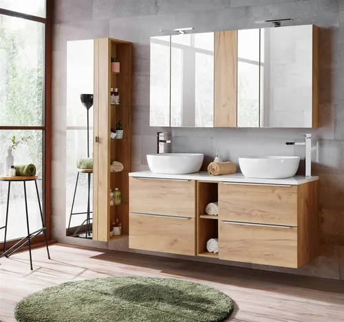 Badmöbel Set 10-tlg PERUGIA Gold Eiche mit Waschbecken - Modernes Badezimmer Set mit 10 Teilen, inkl. Hängeschränken und Spiegelschrank. Hochwertige Verarbeitung in Gold Eiche und Weiß Hochglanz, ideal für stilvolle Badezimmergestaltung.