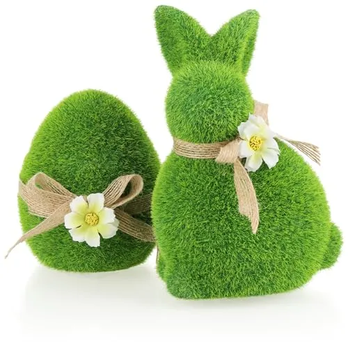 com-four® 2X Dekofigur - Osterhase und Osterei mit Schleife und Blumen - grüne Dekofiguren aus Keramik - Hase und Ei mit Kunst-Gras überzogen für Frühling und Ostern (2-teilig Hase+Ei 17+11cm)
