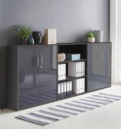 moebel-dich-auf Schrankwand TABOR 9 Büroregal Aktenschrank Büroschrank abschließbar in diversen Farbvarianten (anthrazit/anthrazit Hochglanz, 4-türig)