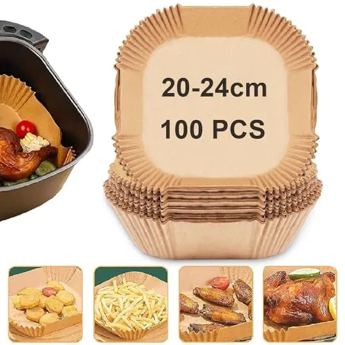 TOGOO Backpapier für Heißluftfritteuse, 100 Stück 20-24cm Quadrat Airfryer Backpapier, Einweg Antihaft-Öl und Wasserdicht Pergamentpapier Liner für Airfryer, Backofen, Mikrowelle