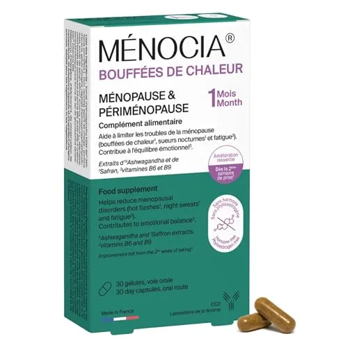 MÉNOCIA Nahrungsergänzungsmittel Wechseljahre & Perimenopause 30 Kapseln | Ohne Hormone oder Phytoöstrogene | Hitzewallungen, Nachtschweiß, Schlaf | Safran Ashwagandha