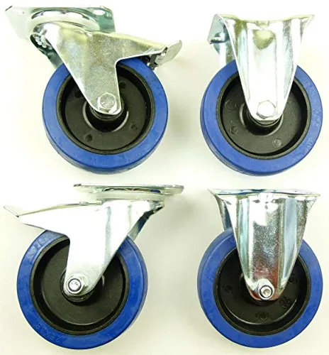 Satz 125mm Blue Wheels Lenkrollen mit Bremse/Feststellbremse + Bockrollen, Transportrollen Blau, 200kg / Rad - INDUSTRIEQALITÄT (2x Brems + 2x Bock) 1
