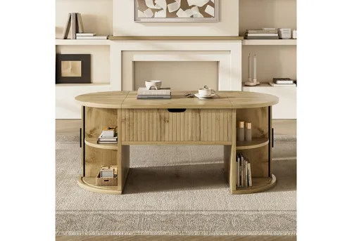 Okwish Couchtisch Eiche 50x40.5x100 cm – Modern und Praktisch - Ovaler Couchtisch in eichefarbener Optik mit höhenverstellbarer Tischplatte. Ideal für Wohnzimmer und Homeoffice – praktische Schiebetüren und offene Regale sorgen für Ordnung und Stil.