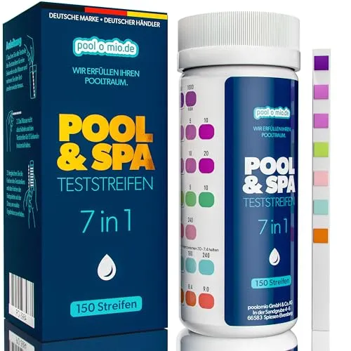 poolomio® Pool Teststreifen 7in1, 150 Stück | Pooltester für Schwimmbad, Whirlpool, Spa & Teich | Wassertester für pH-Wert, Wasserhärte, freies & gesamtes Chlor, Brom, Alkalität, Cyanursäure | Testkit