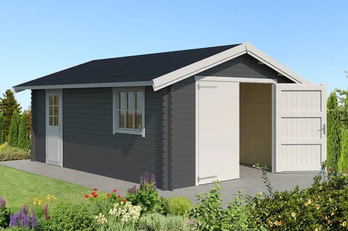 Garage Satteldach 40 mm Yarik grau 400x560 cm - Gartenhaus mit 40 mm Wandstärke, abschließbar und ideal für die sichere Aufbewahrung von Fahrzeugen und Geräten.