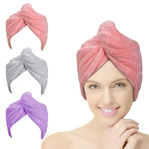 ACWOO Handtuch Haarturban, 3 Stück Turban Haartrockentuch Mit Knopf, Kopftuch für Lange Haar, Schnelltrocknend Mikrofaser Handtuch, Weich Saugstark