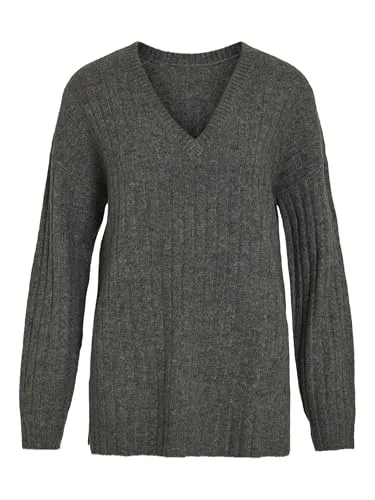 Vila Pullover in Grau - L - Pullover aus recyceltem Polyester mit V-Ausschnitt, geschlitzt am Saum und geradem Schnitt - nachhaltig und modisch zugleich.