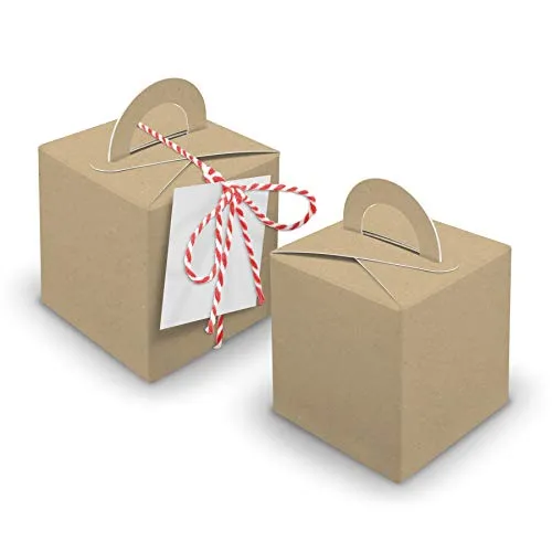 itenga Gastgeschenk Mitgebsel Tischdeko Rohling Schachteln Geschenkverpackung Adventskalender - 24 Würfelboxen Dekogarn Anhänger (Garn (Rot), Kraftkarton (Braun, 350 g/m²))
