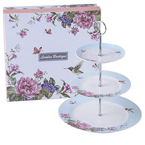 London Boutique Etagere für Nachmittagstee, Porzellan, Vogel-Rose, Schmetterling, in Geschenkbox, Blau