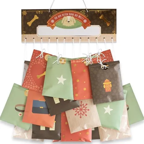 Papierdrachen Hunde Adventskalender 2025 - Papiertüten zum Befüllen - in 4 Designs - mit Stickern - DIY-Geschenkidee - Haustier - inkl. Aufhängung