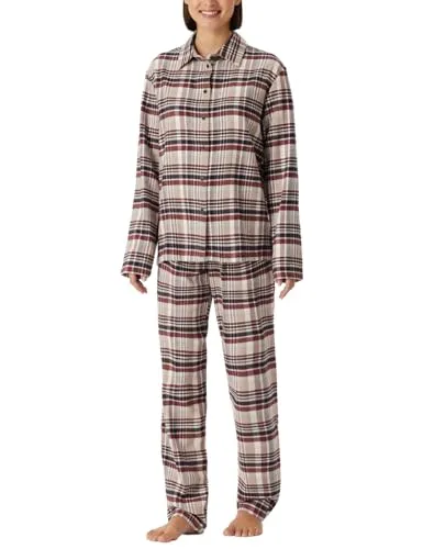 Schiesser Damen Schlafanzug lang Frottee warm und kuschelig - Langer Damen-Pyjama aus 100% Bio-Baumwolle, ideal für kalte Nächte. Der mehrfarbige Karodesign in winterlichen Beige- und Brauntönen sorgt für ein gemütliches Wohlfühlgefühl.