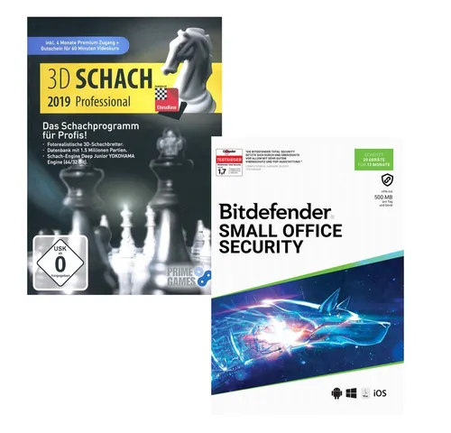Bitdefender Small Office Security 20 G. für 12 M. + 3D Schach Prof. 2019 - Umfassende Security-Lösung für bis zu 20 Geräte, inklusive Multi-Layer Ransomware-Schutz und cloudbasierter Verwaltung. Ideal für kleine Büros, schützt vor digitalen Bedrohungen und sorgt für Sicherheit Ihrer Daten.