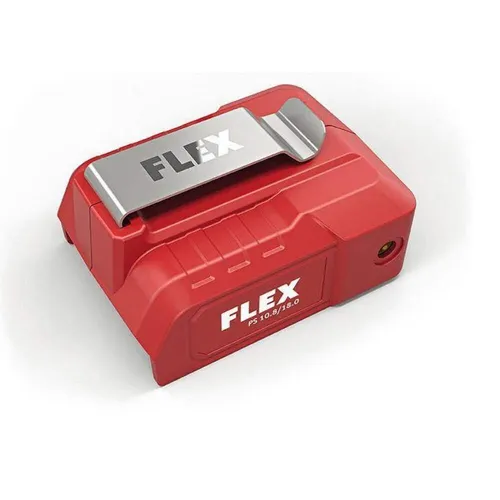 Flex Akkuadapter für PS 10.8/18.0 - USB-Ladegerät mit 2 Anschlüssen - Werkzeugakkus, vielseitiger Akkuadapter mit 2 USB-Anschlüssen, ideal für Smartphones und Heizjacken, Energiesparmodus und Gürtelclip für einfache Handhabung.