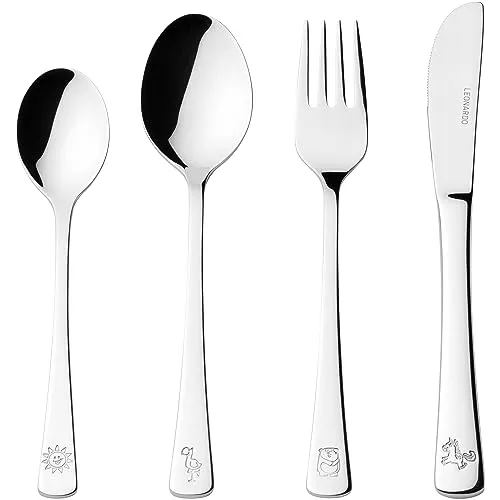 LEONARDO Bambini Avventura Kinder-Besteck Set 4-teilig - Besteck-Sets für Kinder mit niedlichen Tier-Motiven, aus hochwertigem Edelstahl, spülmaschinengeeignet und ideal für den täglichen Gebrauch oder als Geschenk.