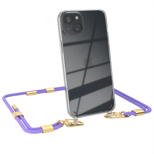 Für Apple iPhone 15 Plus Handykette Handyband Karabiner Transparent Hülle Lila